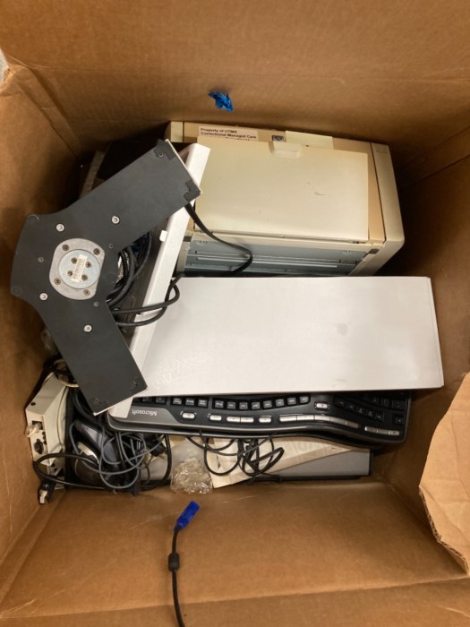 (1) Pallet of Monitors, Power Supply Boxes, Printer and Stands for sale