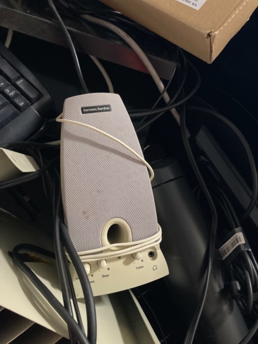 Box of Keyboards, Cords, Paper Holders, Speakers, Monitor Stands for sale