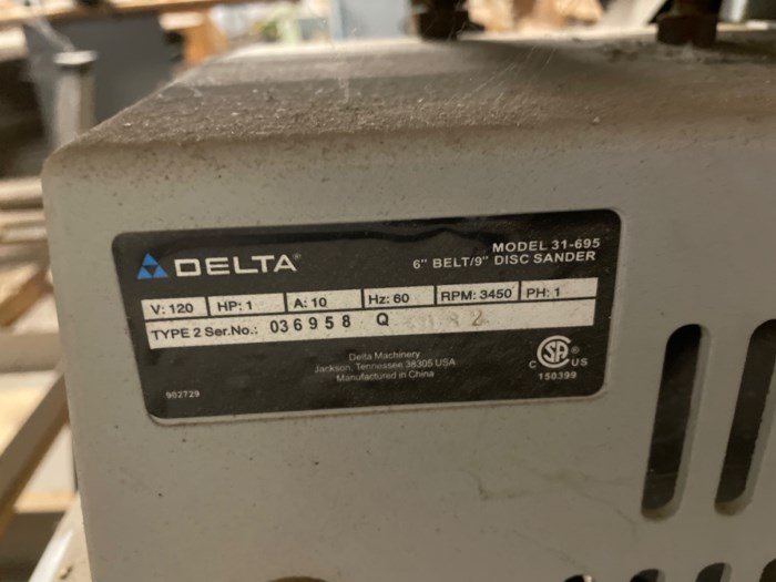 Delta Model 31695 6” Belt/9” Disc Sander for sale