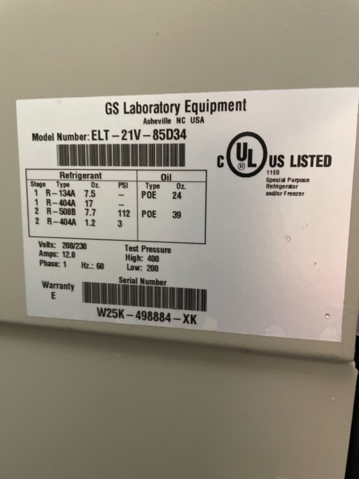 GS Laboratory Equipment Harris Model ELT21V85D34 Freezer (B3.3.0381