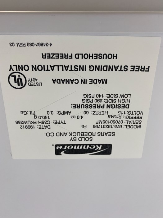 Kenmore Deep Freezer (B33.040) for sale