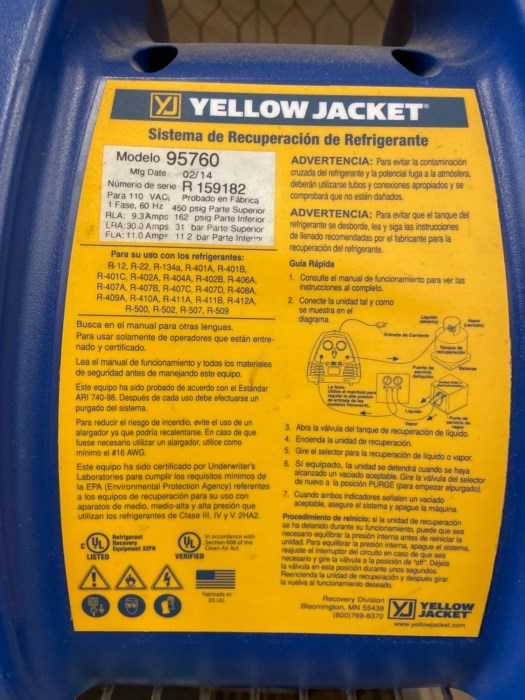 Lot of (2) Yellow Jacket Recover XLT Refrigerant Recovery System for sale
