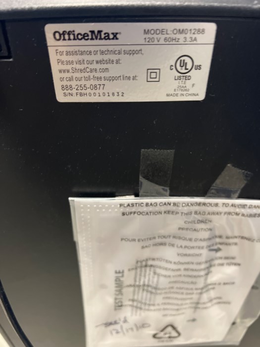 Office Max Paper Shredder Model#Om01288 for sale