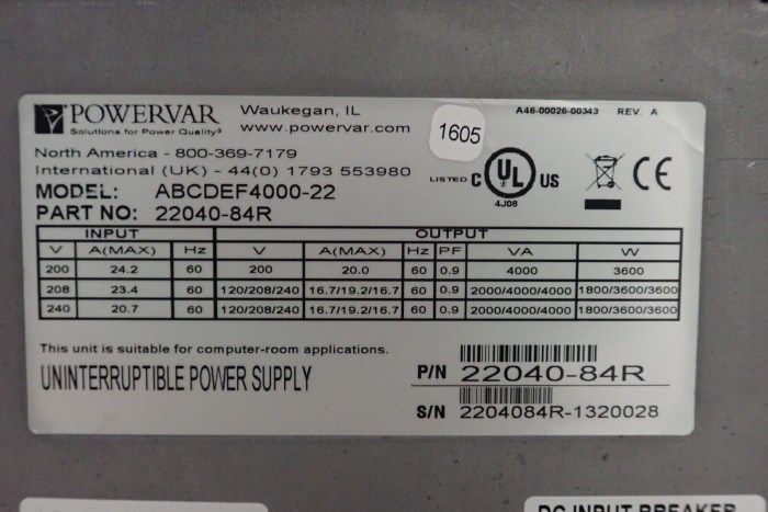 Powervar Security Plus ABCDEF4000-22 Uninterruptible Power Supply 22040 ...